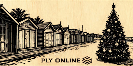Engraved plywood panel with boathouses and Christmas tree
