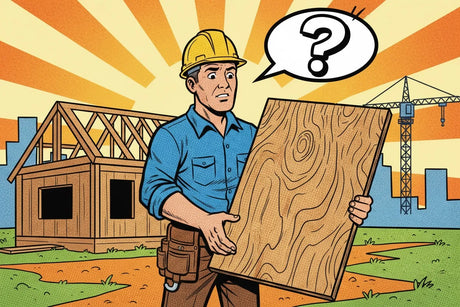 Cartoon-style construction worker holding plywood with a question thought bubble on a building site.