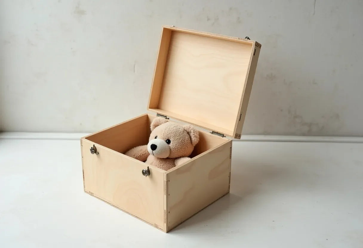Light plywood box with open lid and a stuffed teddy bear inside, on a white surface