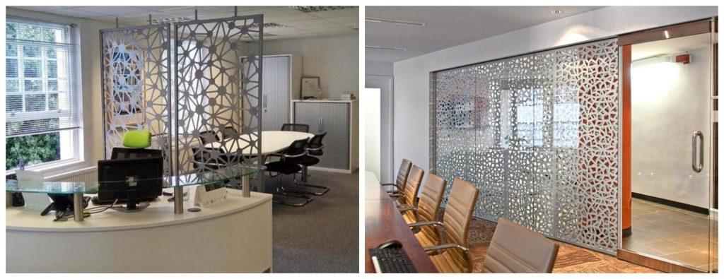 Modern office interiors with decorative plywood space dividers featuring geometric patterns