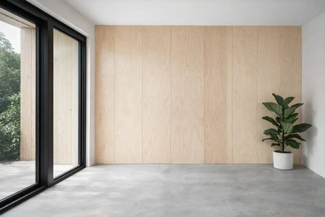 Plywood wall wining in a modern-looking room with a concrete floor and black-framed window