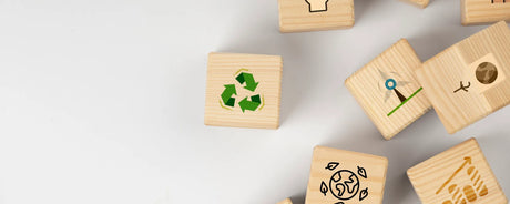 Timber cubes with sings of sustainability on the white background