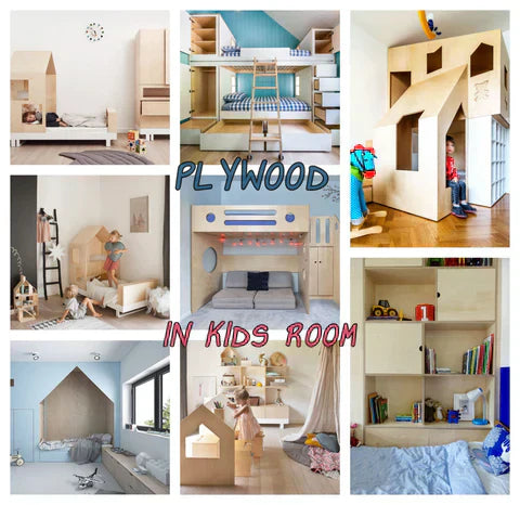 Collage of plywood furniture and play structures in modern kids' rooms, showcasing creative use of plywood.
