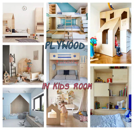 Collage of plywood furniture and play structures in modern kids' rooms, showcasing creative use of plywood.
