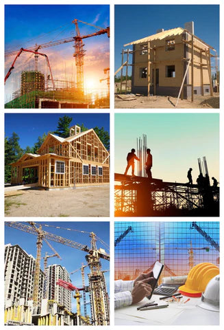 Collage of plywood and timber buildings in various construction stages with cranes and safety gear