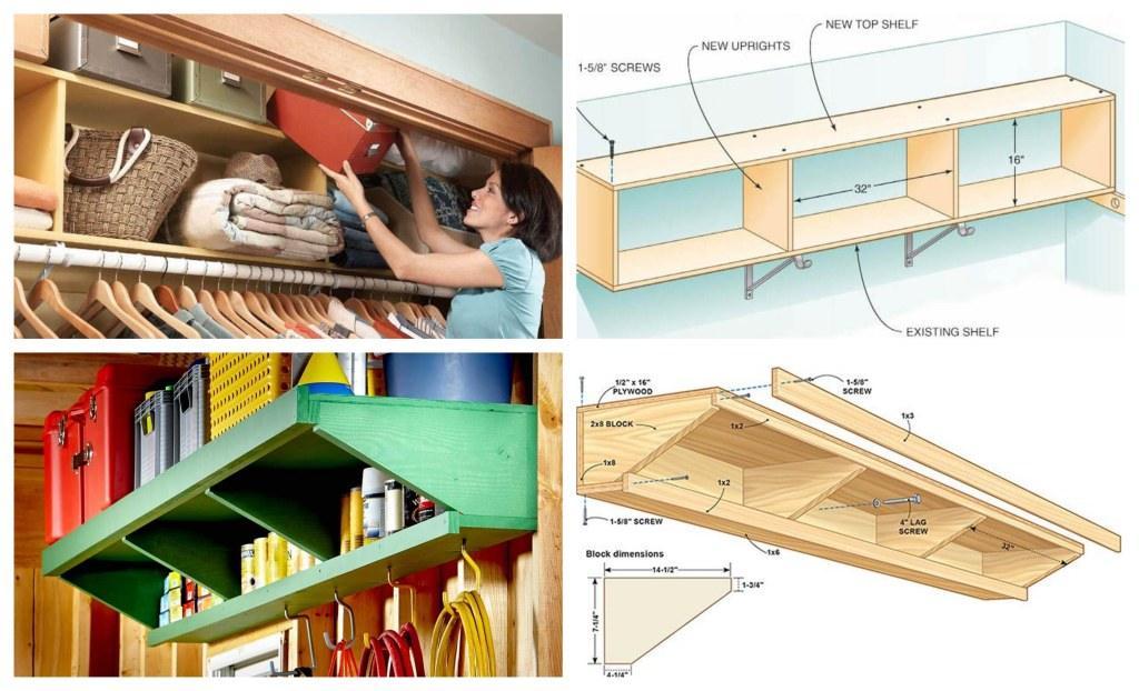 DIY plywood shelf ideas for closets and garages with illustrated building diagrams