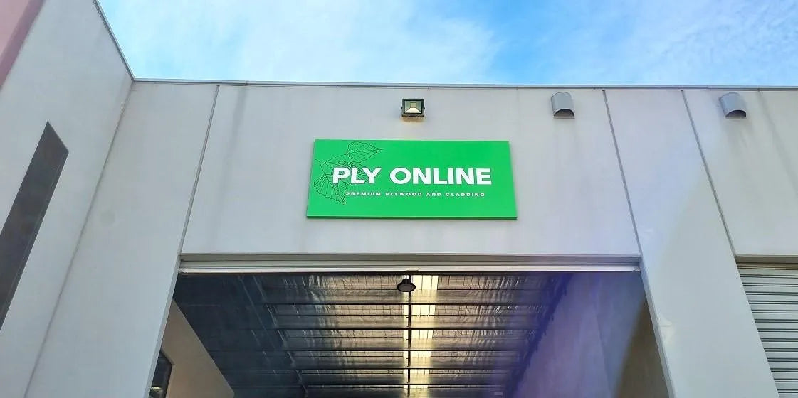 Warehouse exterior with green PLY ONLINE sign for plywood and cladding supplier