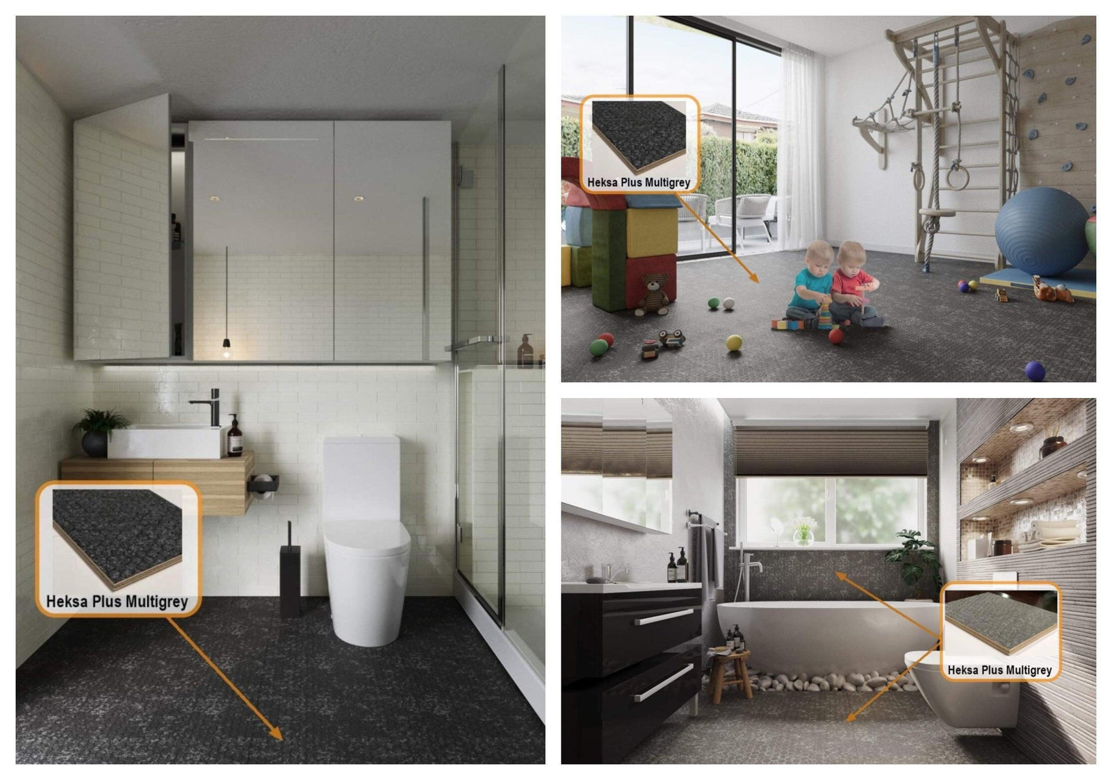 Hexa Plus Multigrey birch plywood used as flooring in bathroom, kids playroom, and modern bath spaces