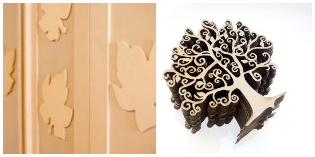 Poplar plywood cutouts showing leaf designs and a laser-cut tree, ideal for CNC or laser cutting projects.