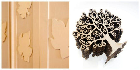 Poplar plywood cutouts showing leaf designs and a laser-cut tree, ideal for CNC or laser cutting projects.