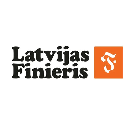 Latvijas Finieris plywood supplier logo with bold black text and orange emblem