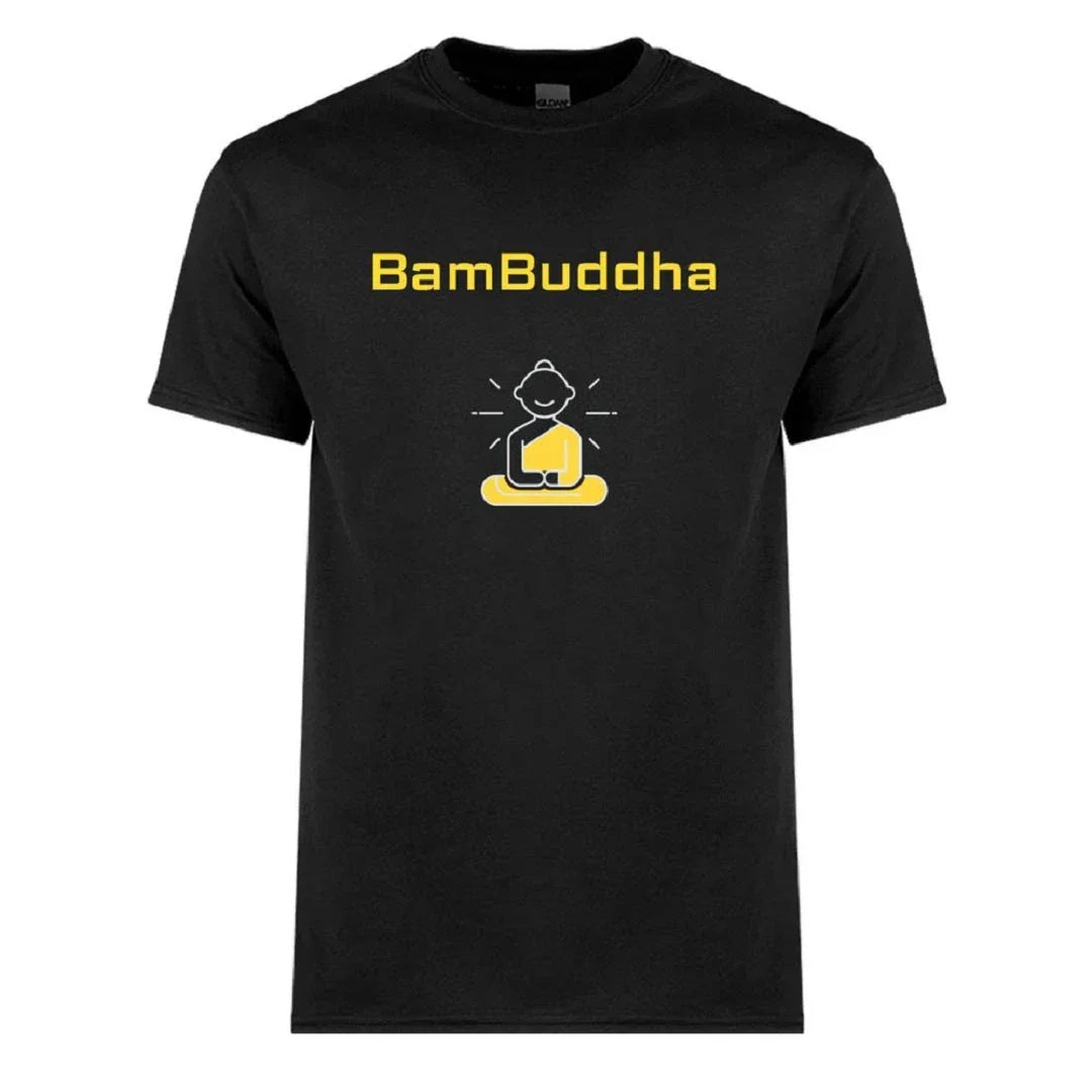 Black T-shirt with yellow 'BamBuddha' text and minimalist meditating figure graphic