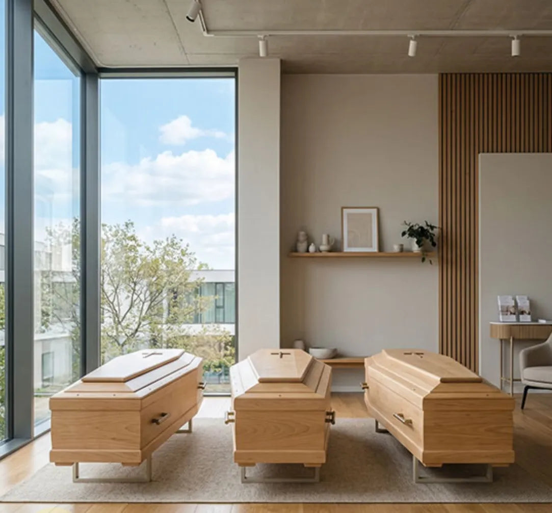 Three plywood coffins in the modern interior