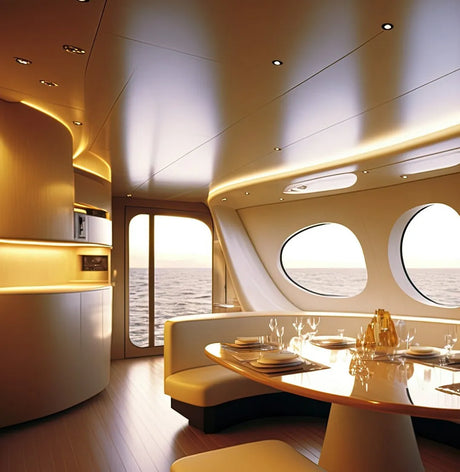 Yacht interior with plywood walls and ceiling