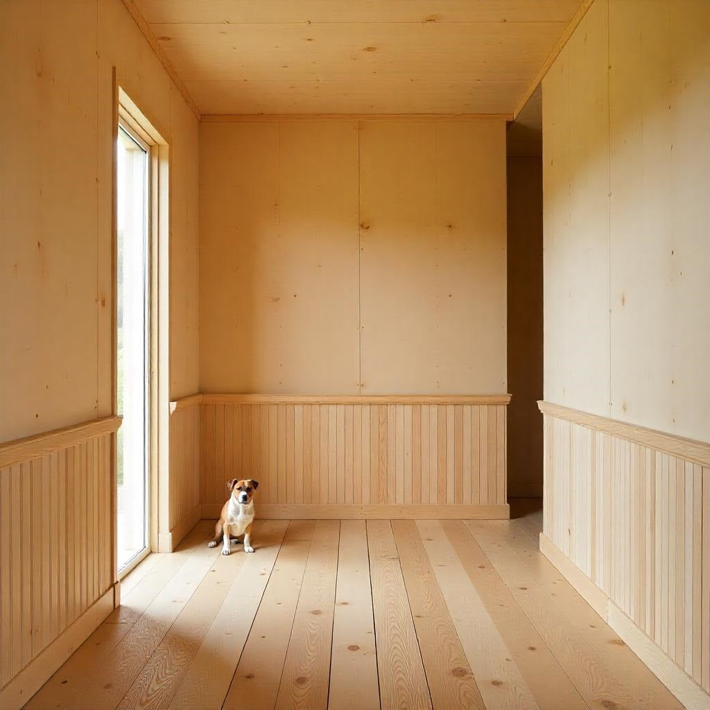 Plywood interior with wainscoting panels and a small dog
