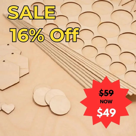 Laser-safe plywood sheets 1x1200x600 mm with a sale label indicating 16% off and a price reduction from $59 to $49 - EOFY