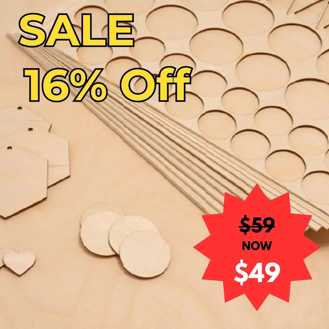 Laser-safe plywood sheets 1x1200x600 mm with a sale label indicating 16% off and a price reduction from $59 to $49 - EOFY