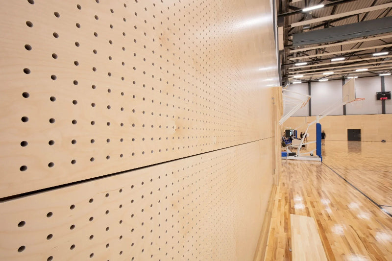 Acoustic perforated plywood wall panels in a modern indoor basketball court