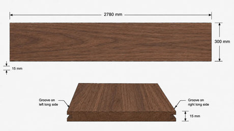 A technical dimension diagram of an American Walnut Veneer T&G Wall Panel UV-Coated A/BB Ply Online 