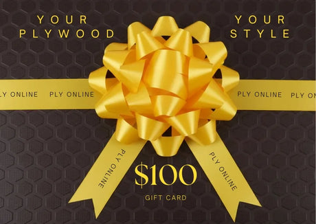 Brown and yellow $100 gift card for premium plywood and cladding, with Hexa plywood background and bow.