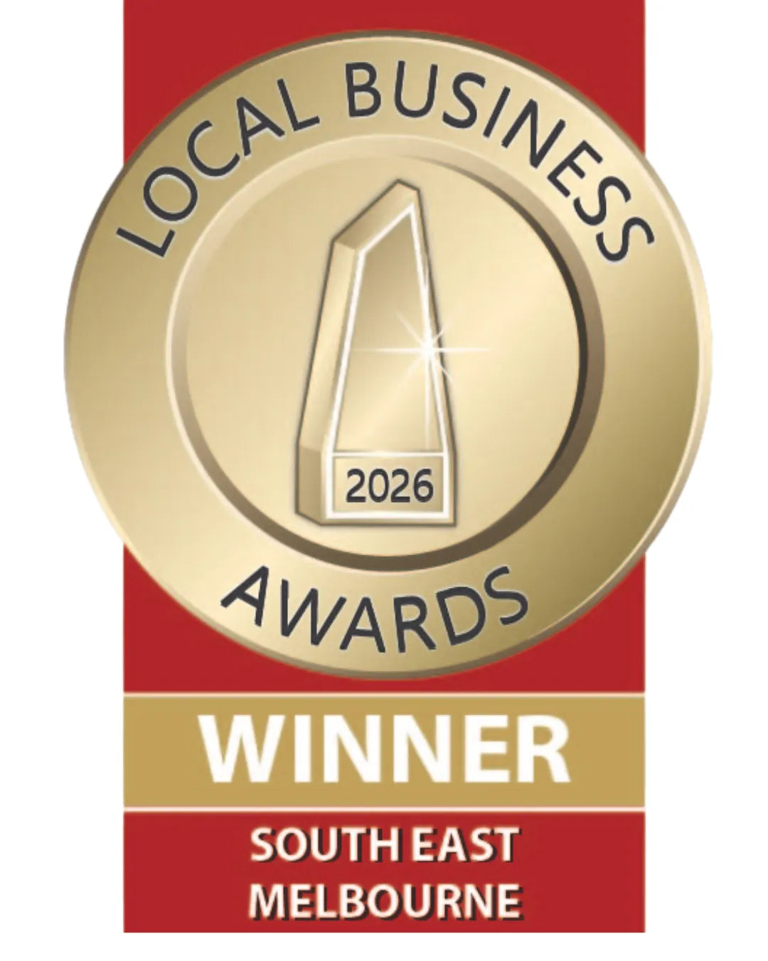A gold and red Local Business Awards 2026 Winner badge for South East Melbourne, featuring a central gold award trophy icon with a starburst and the text 'LOCAL BUSINESS AWARDS' and 'WINNER SOUTH EAST MELBOURNE' - Ply Online