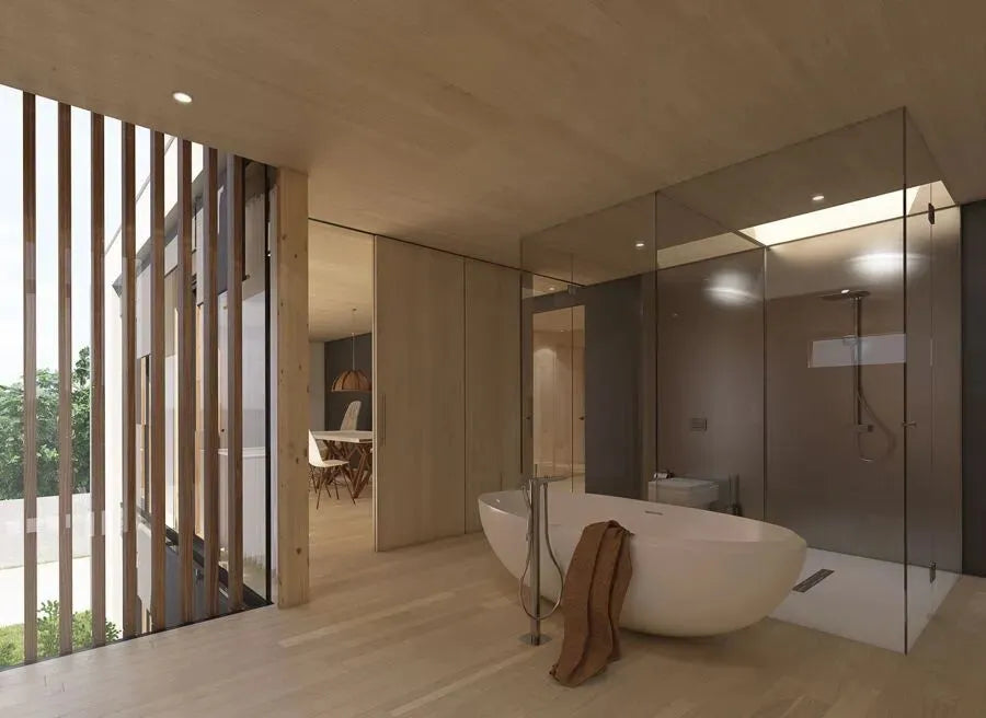 Messmate_UV_Coated_panels_FOSB_INT in the warm bathroom interior