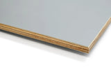 Light grey laminated plywood sheet close-up, showing layered structure and smooth surface