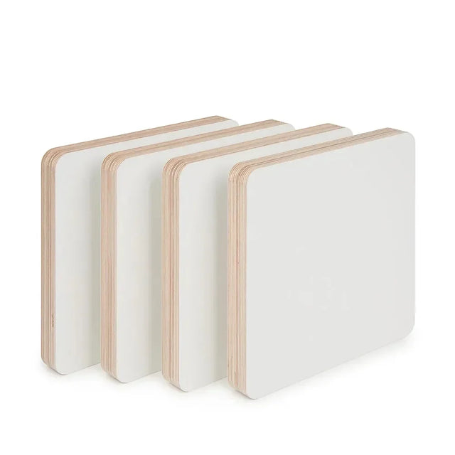 Stacked white melamine birch plywood panels with rounded corners on a white background