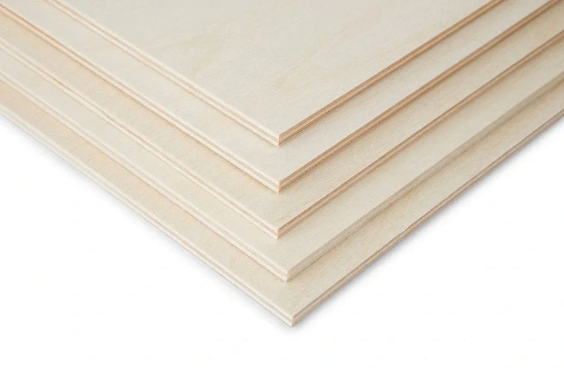 Stack of light birch plywood sheets, 4mm thickness, smooth BB/BB grade finish.