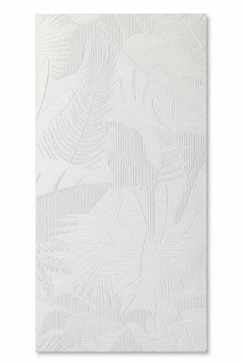A vertical rectangular Architectural 3D MDF Selva Polyptych wall panel featuring an embossed tropical leaf pattern in a monochromatic white design - Ply Online