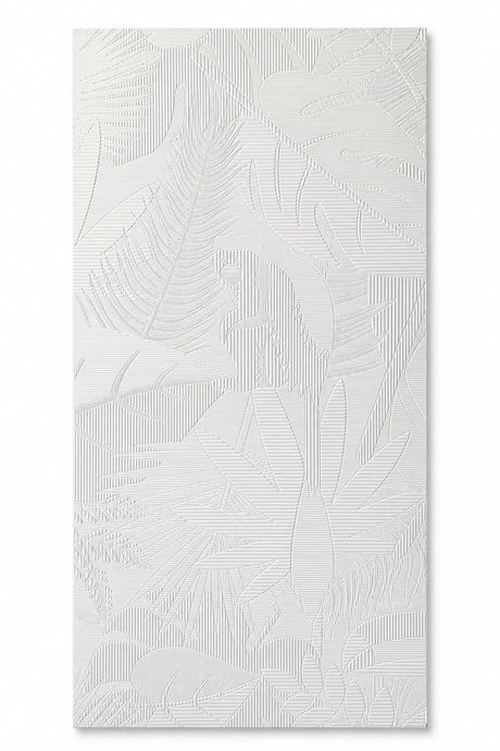 A vertical rectangular Architectural 3D MDF Selva Polyptych wall panel featuring an embossed tropical leaf pattern in a monochromatic white design - Ply Online