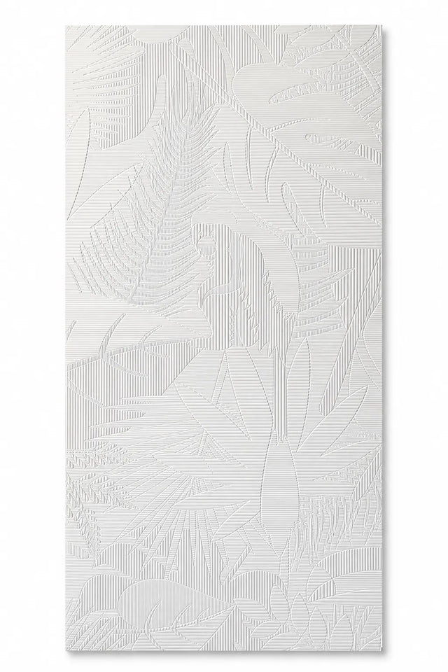 A vertical rectangular Architectural 3D MDF Selva Polyptych wall panel featuring an embossed tropical leaf pattern in a monochromatic white design - Ply Online