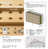 Acoustic panels with perforations, RIGA branding, and technical specifications.