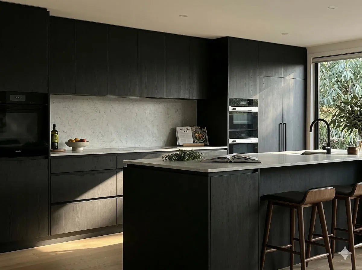 Modern kitchen with dark cabinets made with Black Oak Timber Veneer Panel A/B UV-Coated, a island, and bar stools - Ply Online.