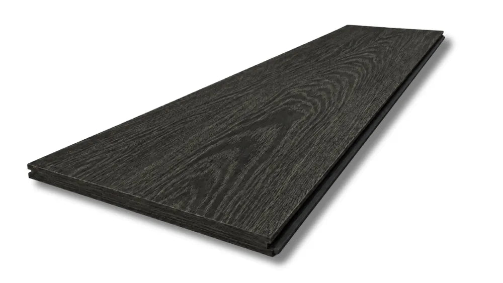 Black Oak Veneer Panel T&G UV-Coated A/BB  with a prominent natural grain pattern, shown stacked at an angle on a white background