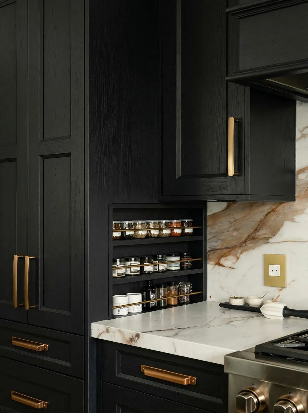 Black kitchen cabinetry made with Black Oak Timber Veneer Panel A/B UV-Coated with gold handles and a built-in spice rack, set against a white and brown marble backsplash.