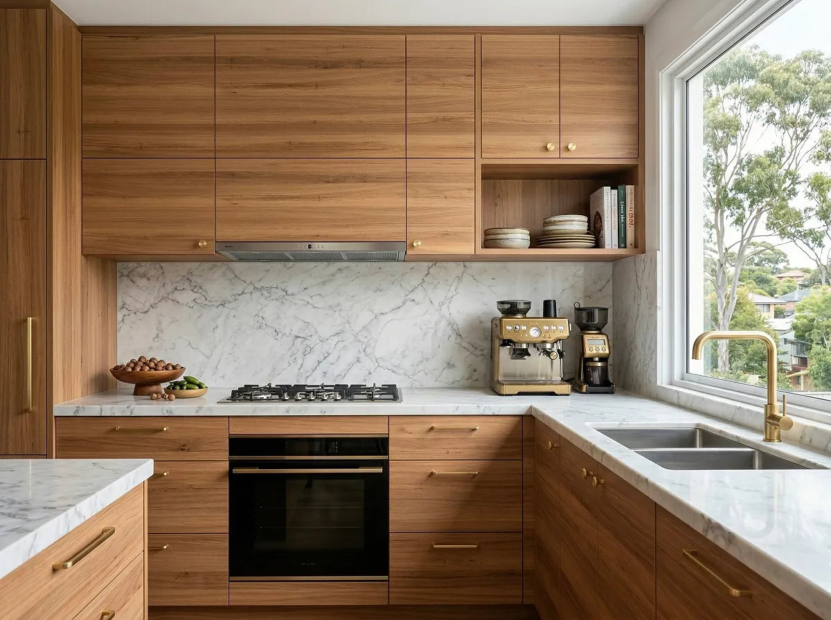 Modern kitchen featuring cabinets made with Blackbutt Timber Veneer Panel A/B UV-Coated FOSB  - Ply Online