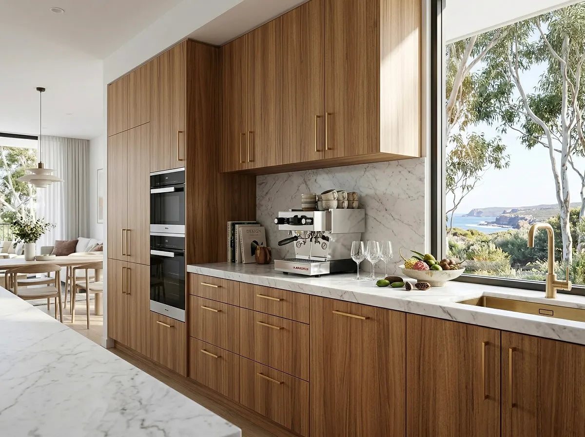 A modern kitchen interior with marble countertops, built-in stainless steel appliances, and cabinetry made with Blackbutt Timber Veneer Panel A/B UV-Coated FOSB.