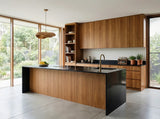 A modern kitchen interior with a large wood-and-black island made with Messmate Timber Veneer Panel A/B UV-Coated FOSB 19x2745x1220 mm - Ply Online.