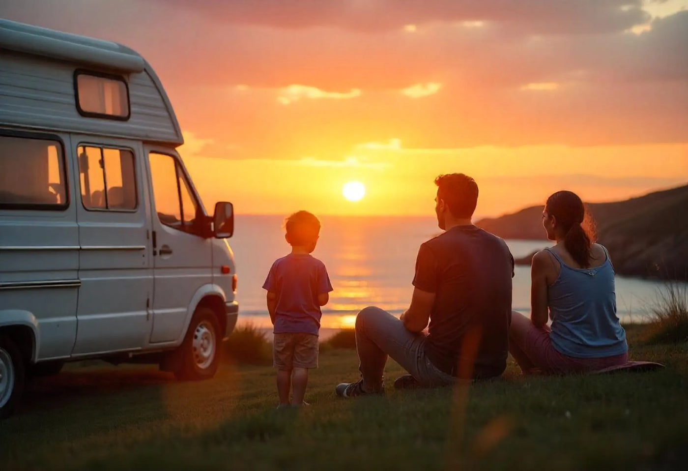 A family of three near the caravan is watching sunset over the ocean