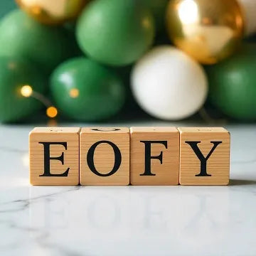 EOFY Sale banner with wooden cubes displayed letters 'E', 'O', 'F', 'Y'