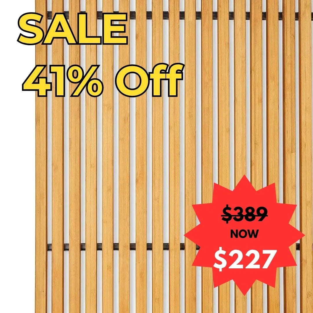 Bamboo slatted garden screen with sale text and price tag on a white background - EOFY 2025