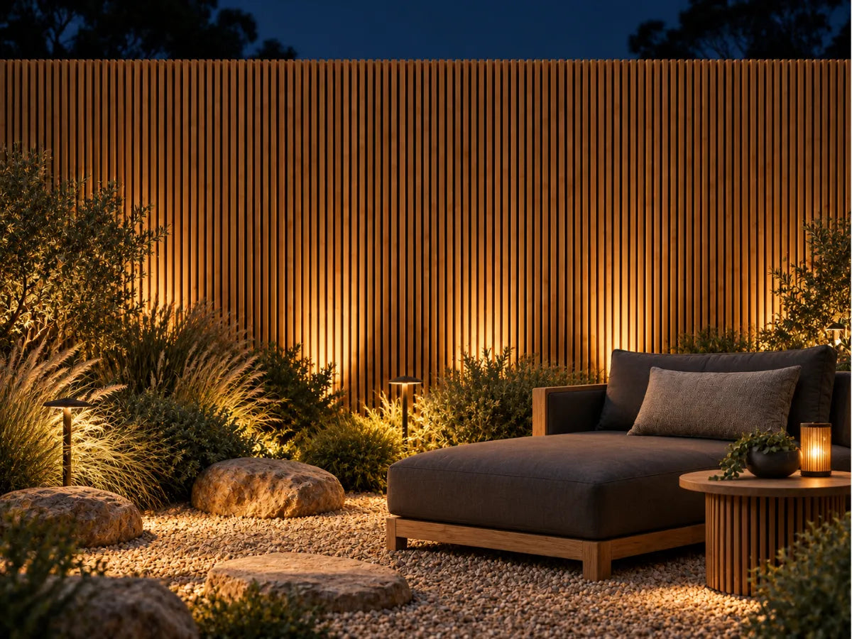Modern outdoor chaise lounge in a landscaped garden at night, with warm uplighting on a vertical bamboo slat wall, gravel ground, rocks, plants, and a small round side table with a lantern.