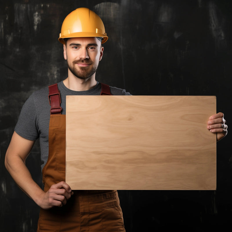Builder with a piece of plywood in hands on the painted black background