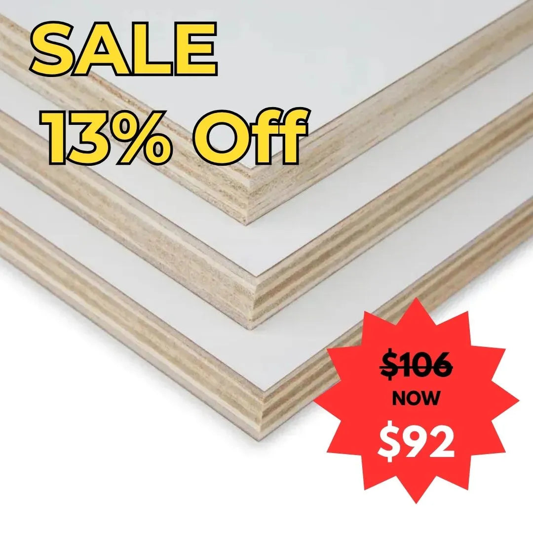 Light Weight Poplar Ply HPL White with a sale label indicating 13% off and a new price of $92 - End of financial year sale.