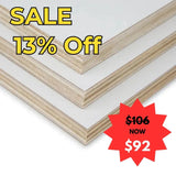 Light Weight Poplar Ply HPL White with a sale label indicating 13% off and a new price of $92 - End of financial year sale.