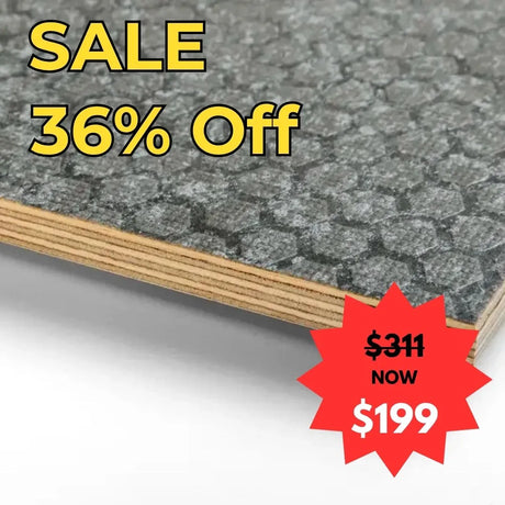 Sale advertisement for a multigrey sheet of plywood with a 36% discount, showing the original price and the discounted price - End of Financial year 2025