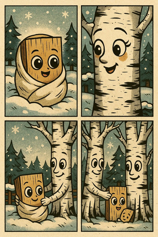 Four-panel comic of a plywood character Ply Bob and trees in a snowy landscape.