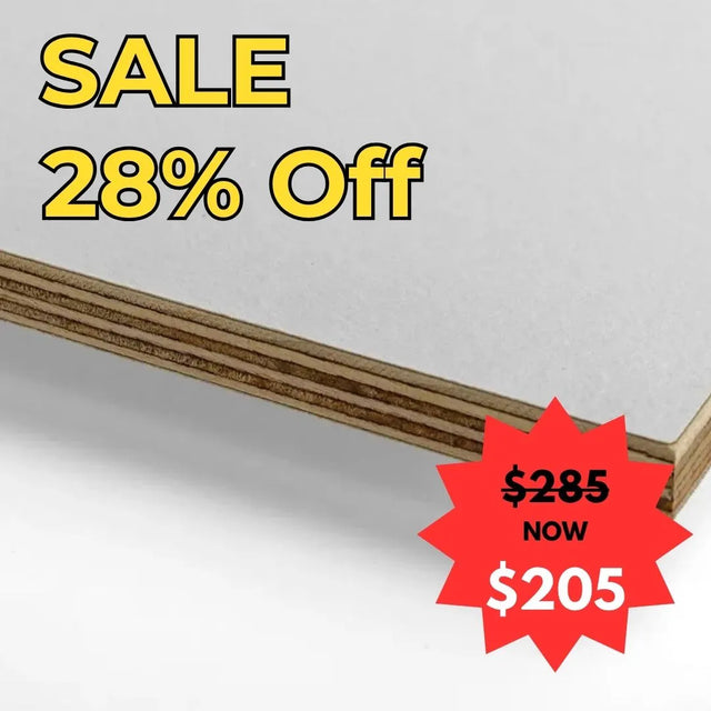 Riga Rock White  Birch Plywood with a sale label indicating 28% off and a new price of $205 EOFY 2025-2026