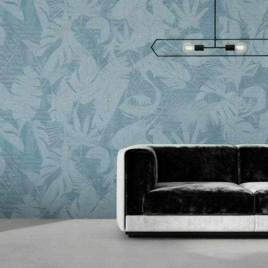 Selva wall panels light blue in a modern interior with a velvet sofa